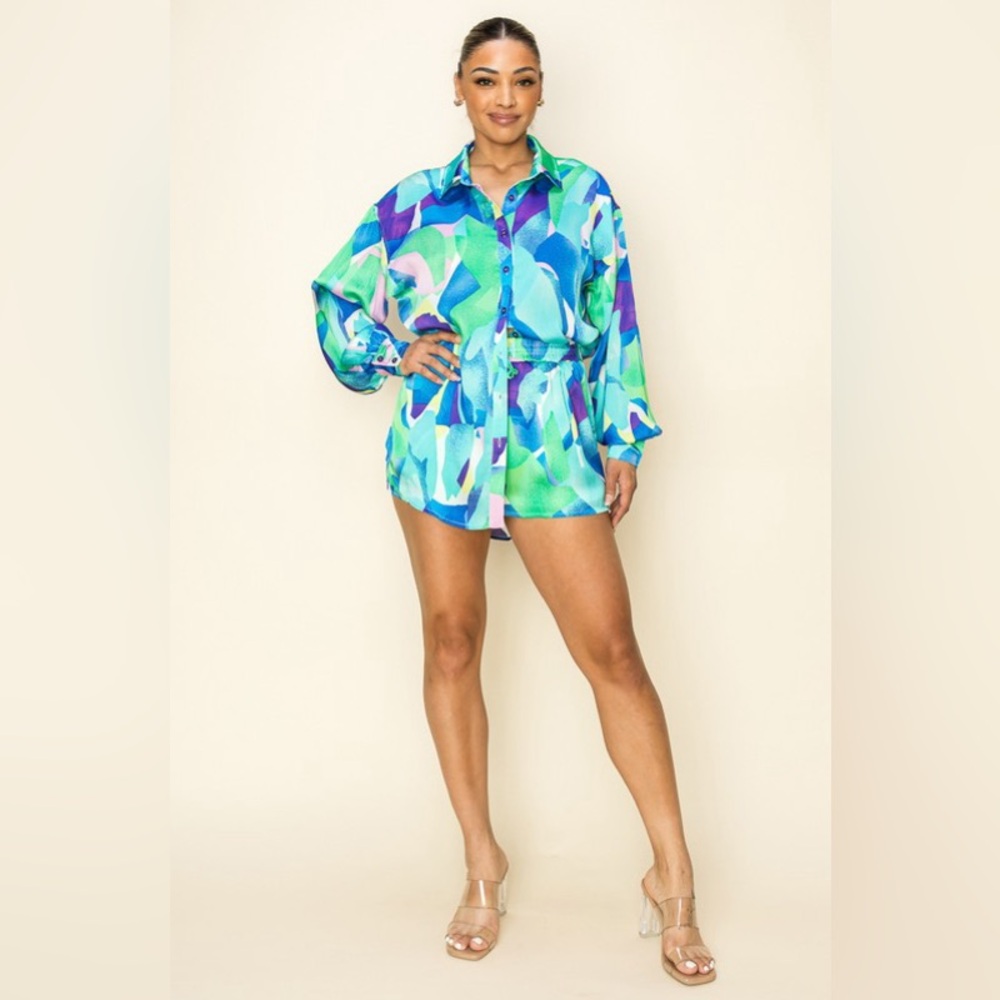 Abstract Blue-Green Shirt Dress